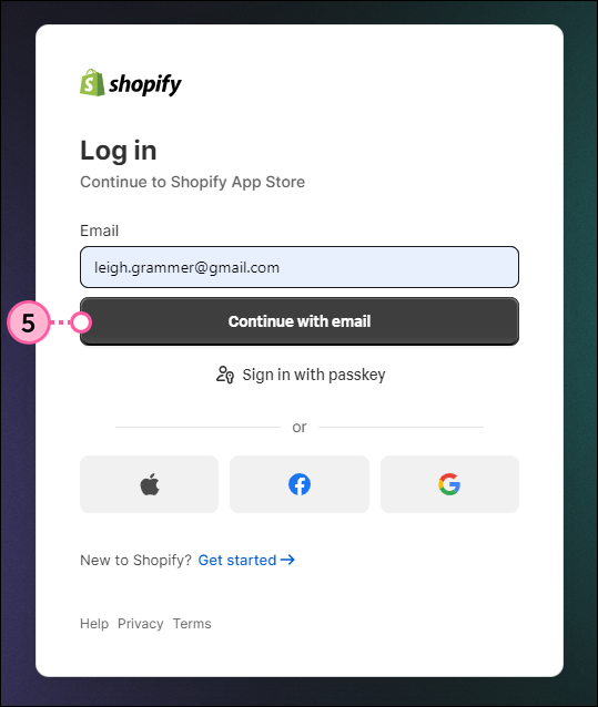 Enter Shopify account email