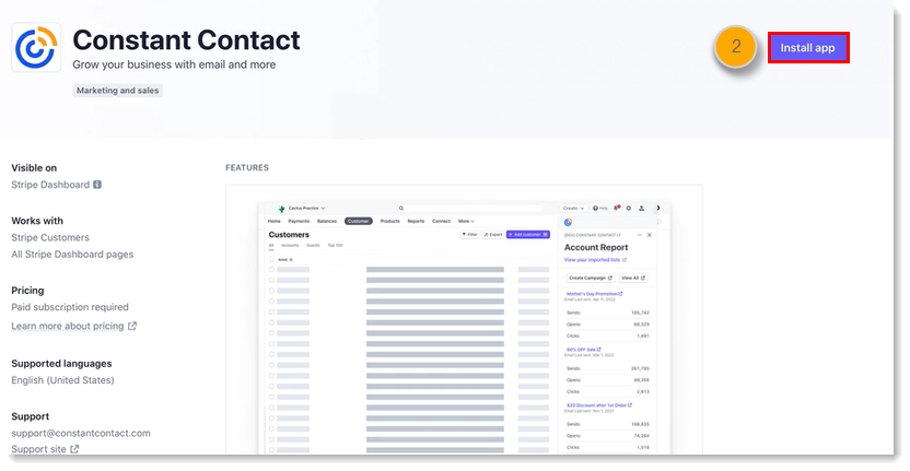 Install CTCT App in Stripe Marketplace
