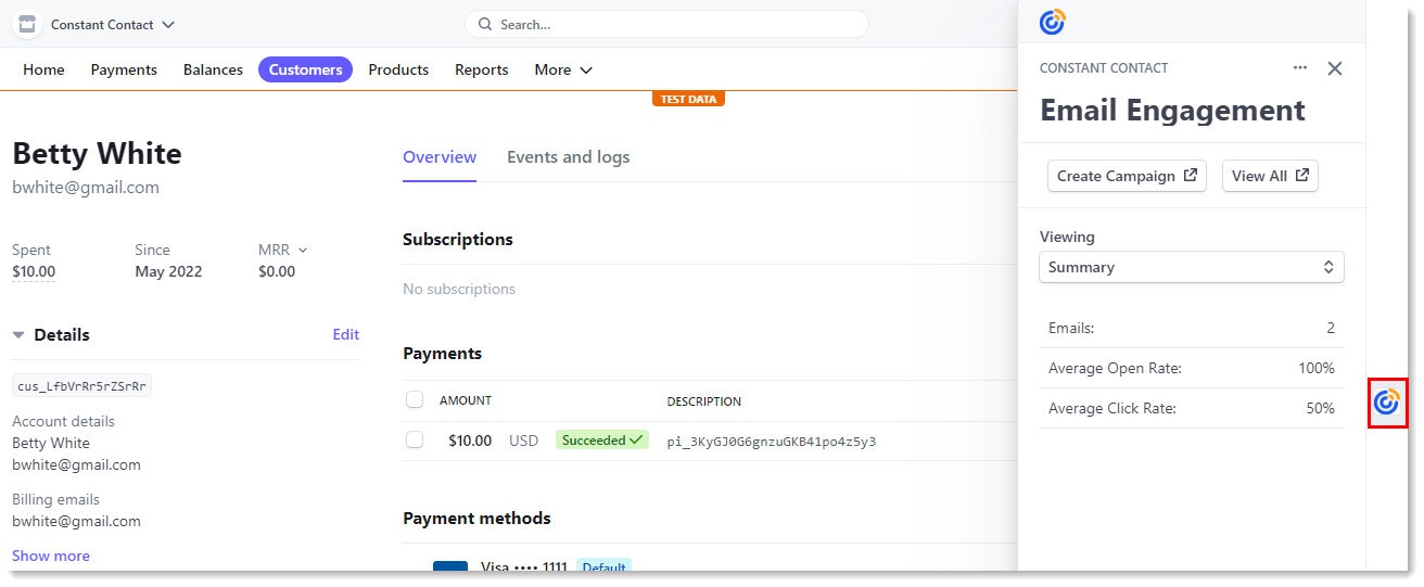 Stripe Dashboard Contact Email Engagement Summary