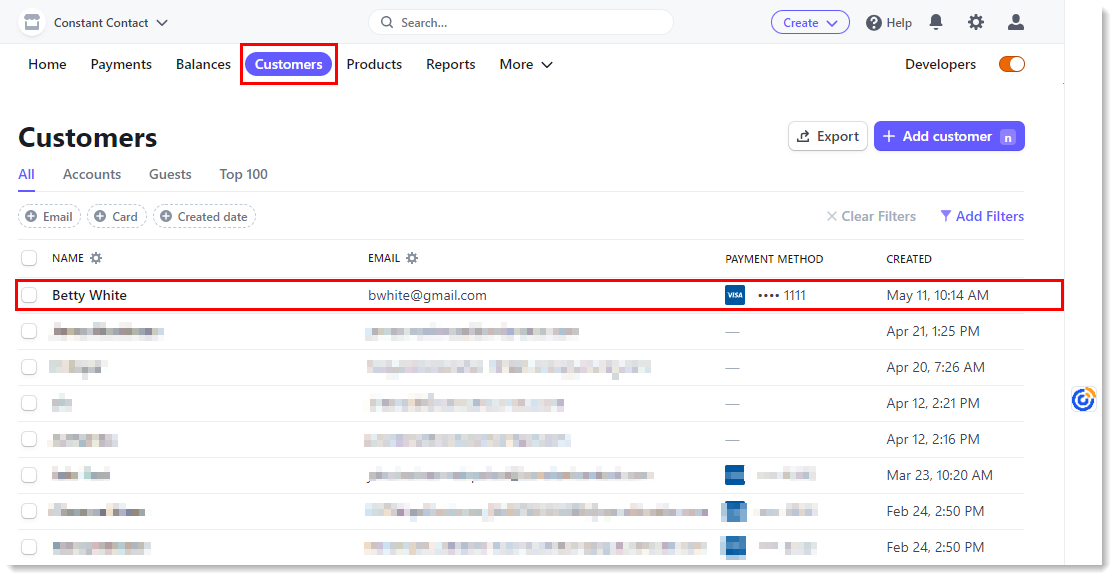 Stripe Dashboard Customers