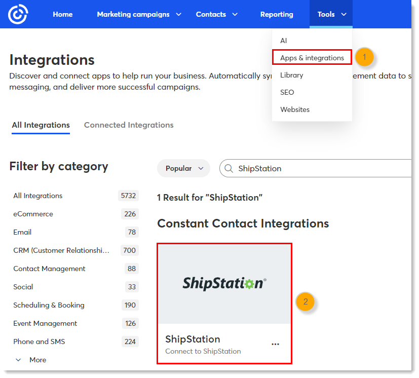 Pestaña Integrations (Integraciones) del bloque de ShipStation.