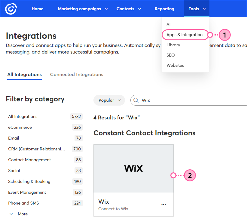 Registerkarte Integrationen Wix-Block