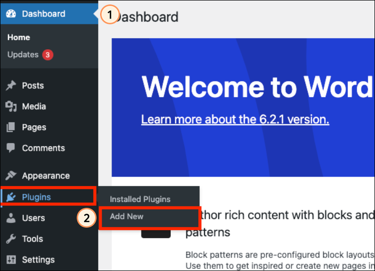 Dashboard Tab, Plugins Drop-down Menu and Add New Option