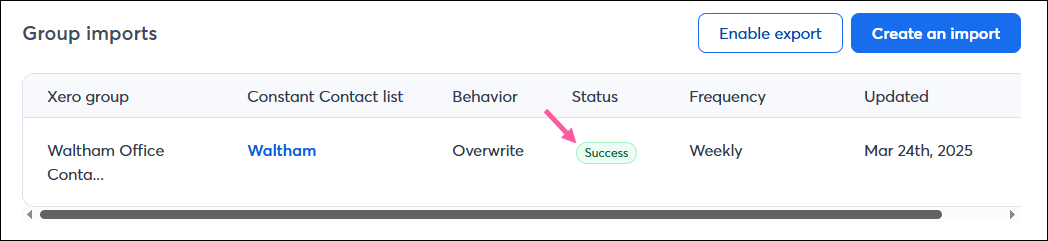 Xero Import Success status