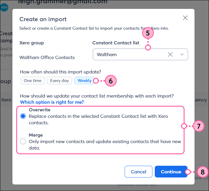 Select list to import into, frequency, and whether to merge or overwrite