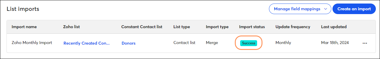 Zoho Import Success Status
