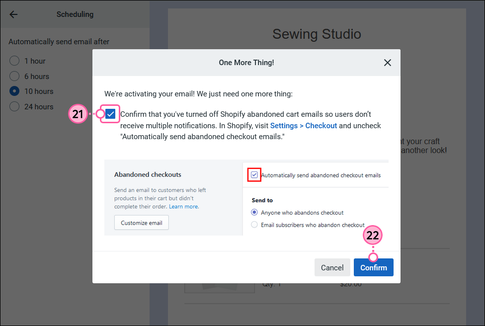 Confirm that you've turned off Shopify abandoned cart emails Option and and Confirm Button