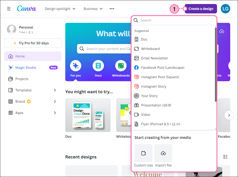Página de inicio de Canva, botón Create a design (Crear un diseño) y menú desplegable Graphic Type (Tipo de gráfico)