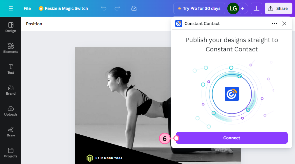 Compartir menú desplegable con la información de la aplicación Constant Contact y botón Use (Usar)