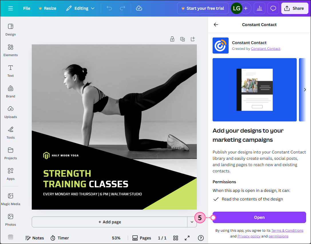 Menú desplegable Share (Compartir) con la información de la aplicación Constant Contact y botón Use (Usar)