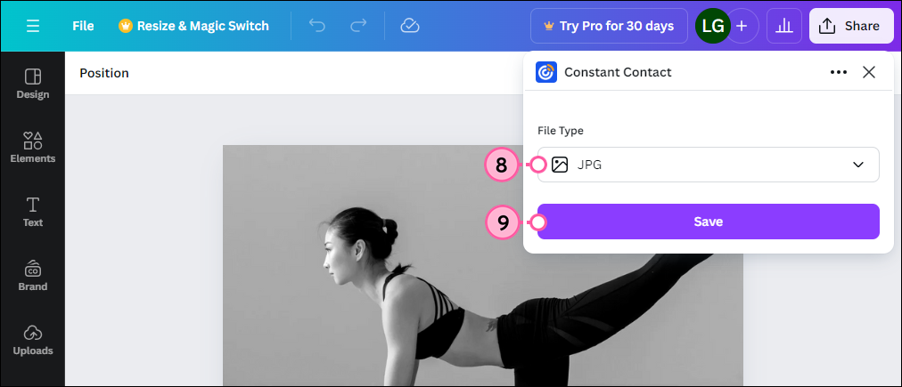 Compartir menú desplegable, Canva vinculado con Constant Contact, seleccionar File Type (Tipo de archivo) y botón Save (Guardar)