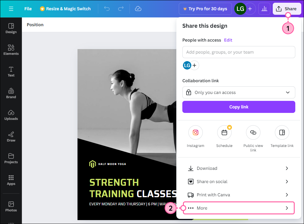 Editor de Canva con gráfico diseñado, botón Share (Compartir) con menú desplegable y opción More (Más)