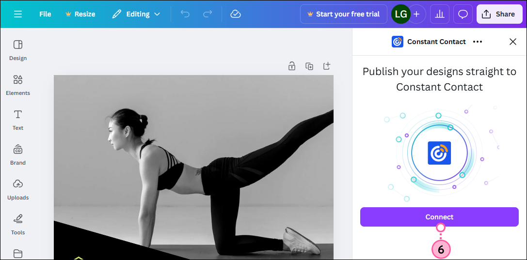 Compartir menú desplegable con la información de la aplicación Constant Contact y botón Connect (Conectar)