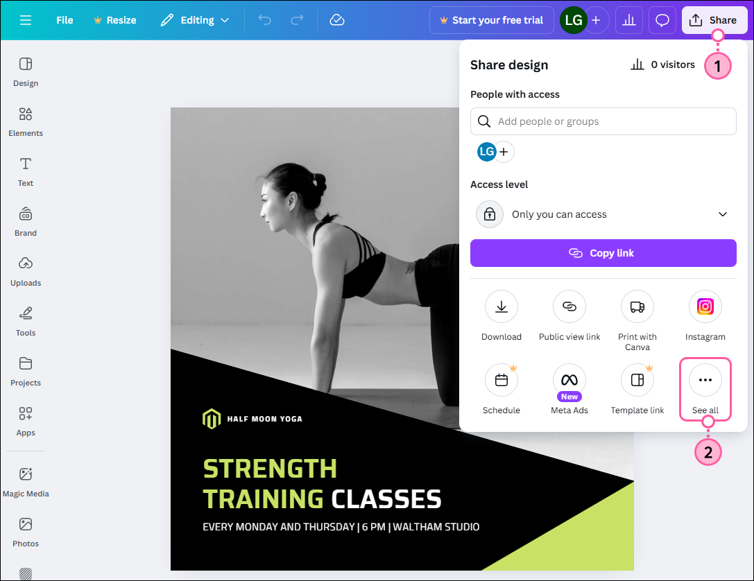 Editor de Canva con gráfico diseñado, botón Share (Compartir) con menú desplegable y opción More (Más)
