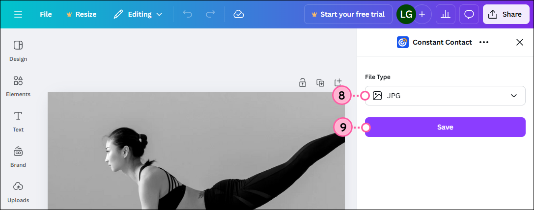 Compartir menú desplegable, Canva vinculado con Constant Contact, seleccionar File Type (Tipo de archivo) y botón Save (Guardar)