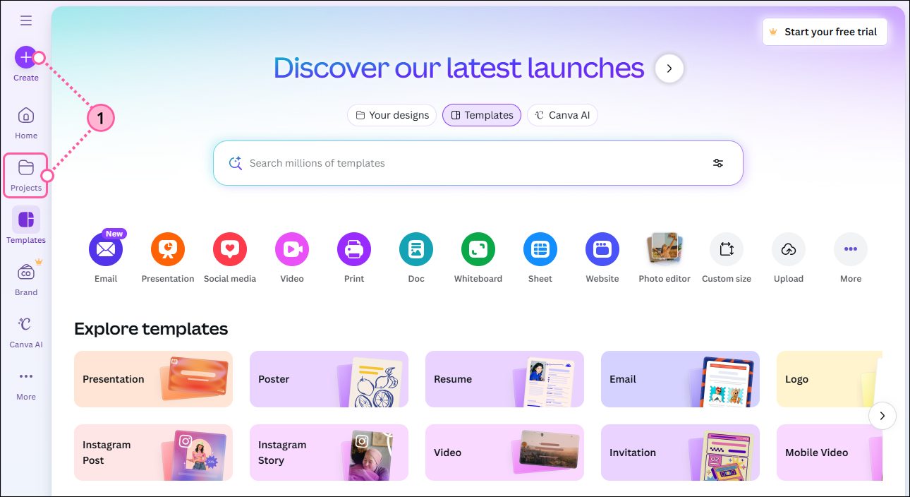 Página de inicio de Canva con opciones Create (Crear) y Projects (Proyectos)
