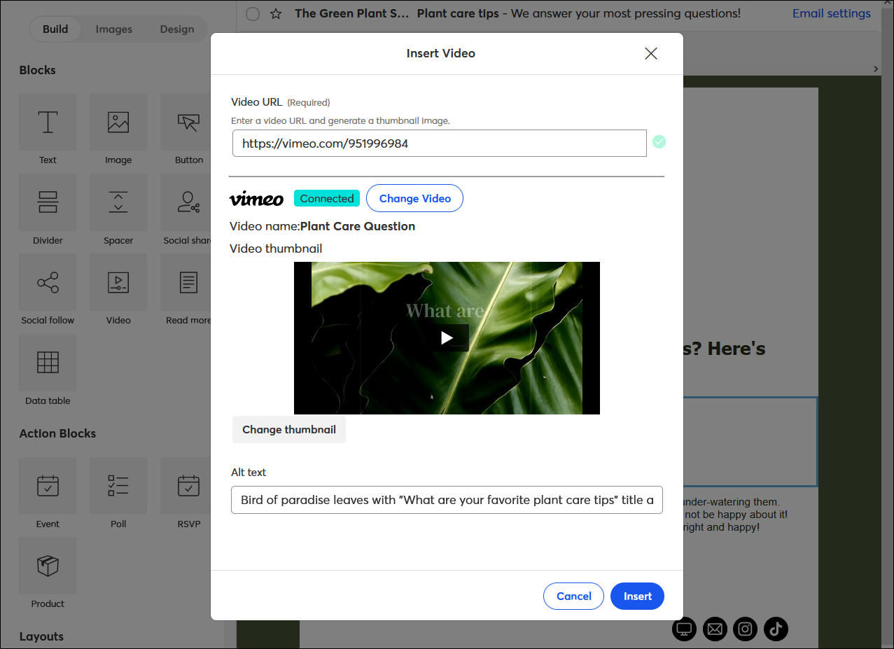 Editor de correo electrónico Insertar superposición de video con Vimeo conectado, y la miniatura de video con el campo de texto alternativo