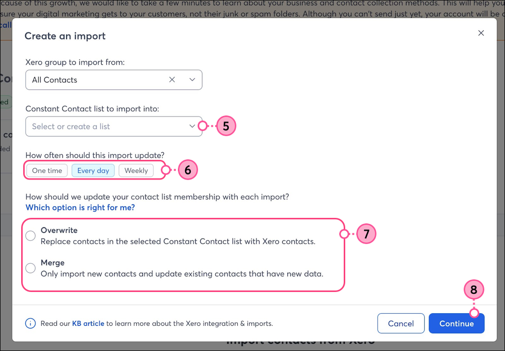 Select list to import into, frequency, and whether to merge or overwrite
