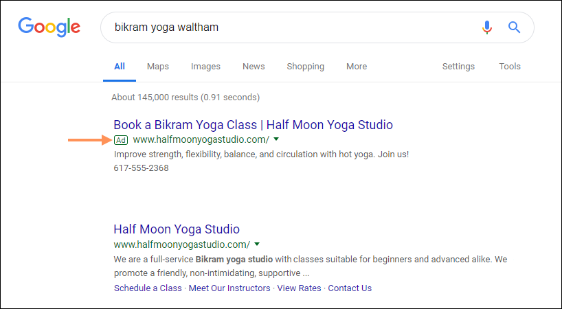 Example Google search with Ad appearing before search results