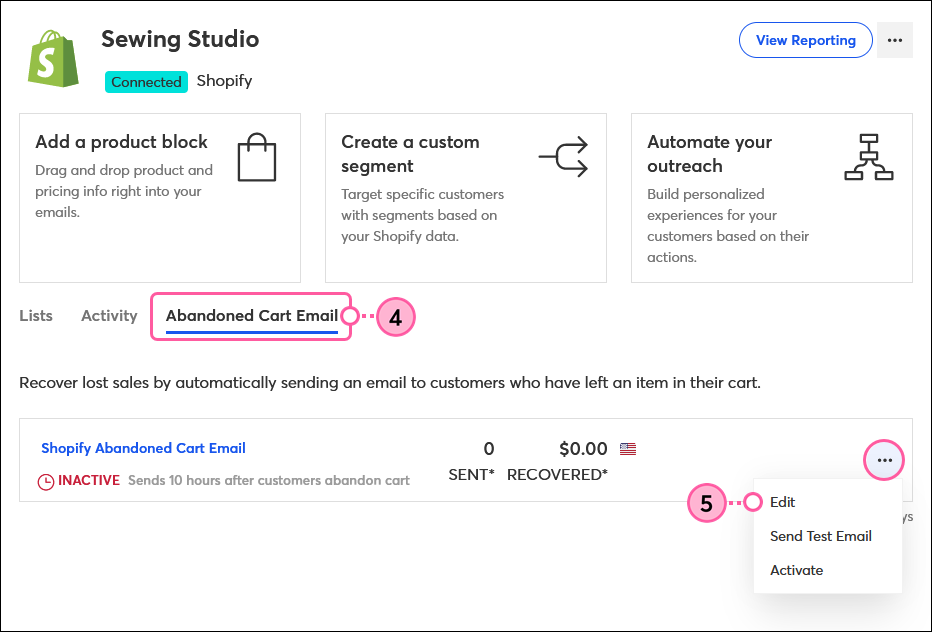 Abandoned Cart Email Tab, More Drop-down and Edit option