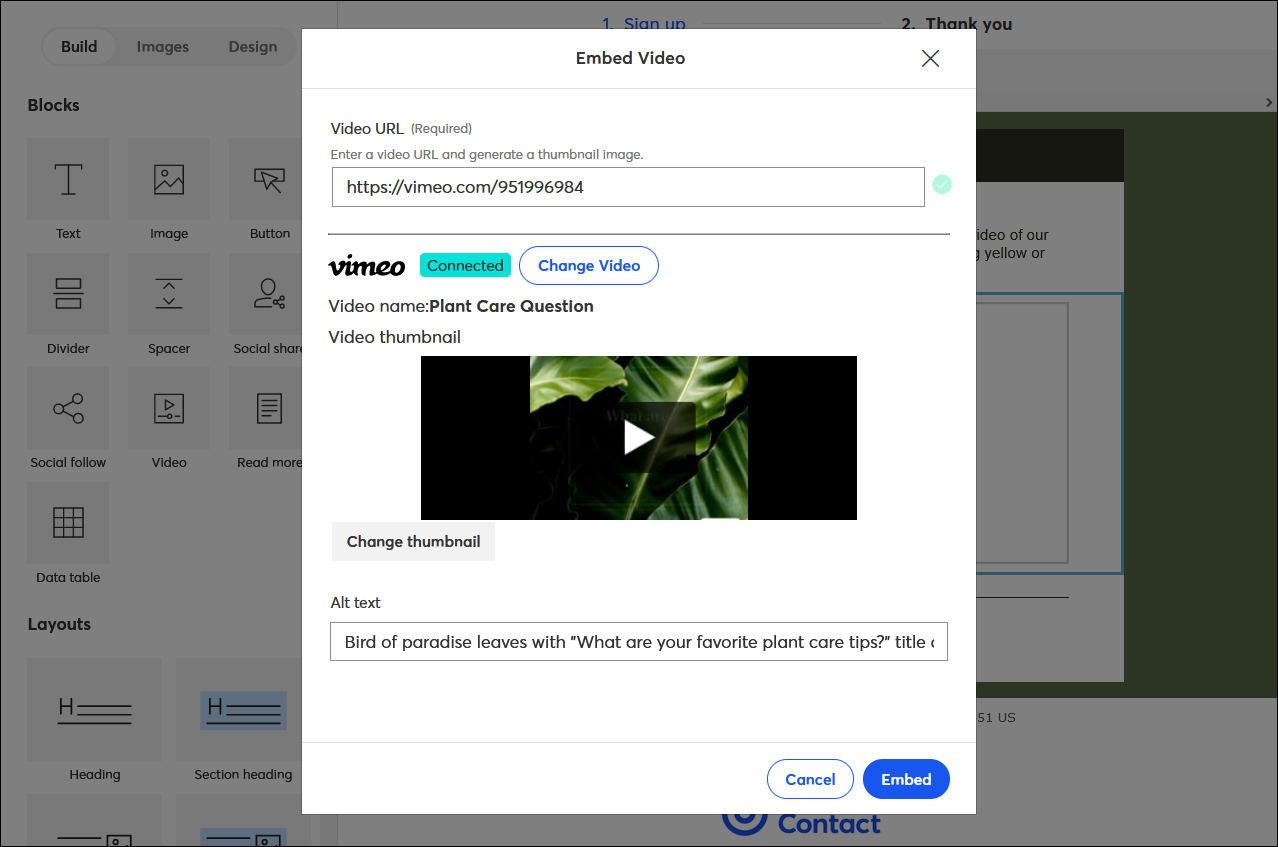 Editor de páginas de bienvenida con superposición de video incrustado con Vimeo conectado y miniatura de video con campo de texto alternativo