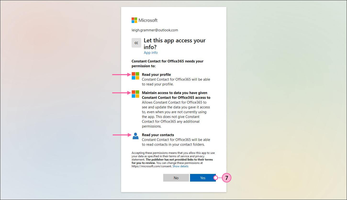 Microsoft Let this app access your info page with Ready your profile, Maintain access to data you have given Constant Contact for Office 365 access to, and Read you contacts options, and Yes button selected