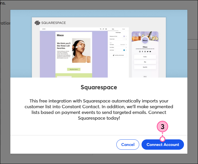 Squarespace integration info with Connect Account button