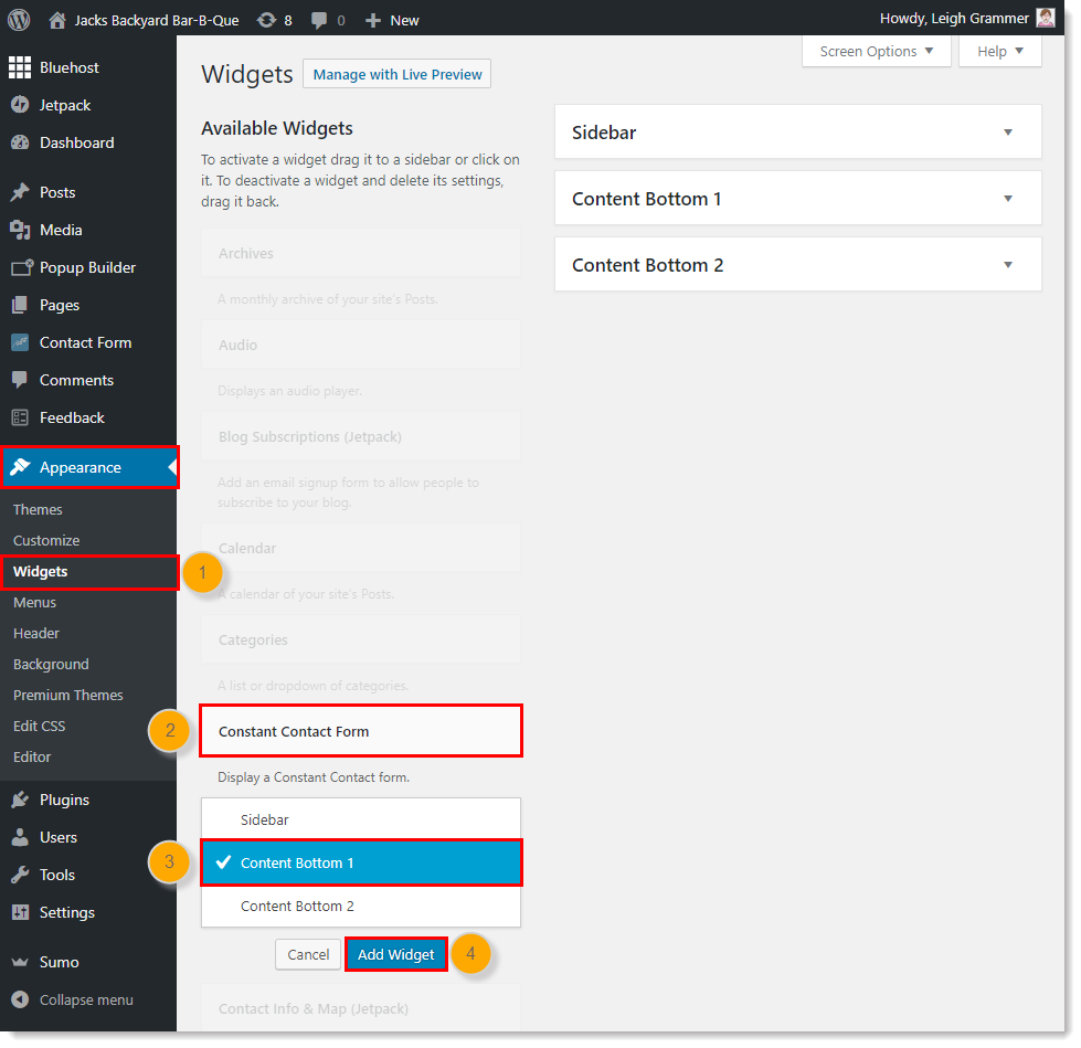 Onglet Appearance (Apparence), option Widgets, menu déroulant Constant Contact Form (Formulaire Constant Contact) et bouton Add Widget Button (Ajouter widget)