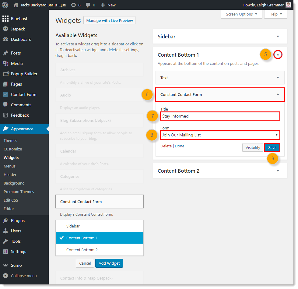 Option Constant Contact Form (Formulaire Constant Contact), champ Title (Titre), champ Form (Formulaire), et bouton Save (Enregistrer)