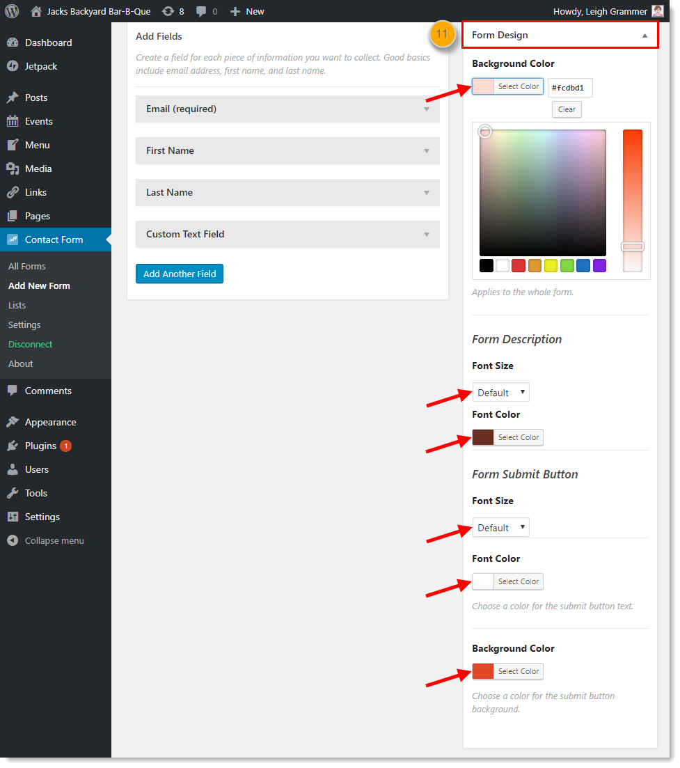 Menü Formulardesign, Optionen Hintergrundfarbe, Beschreibung und Schaltfläche Senden