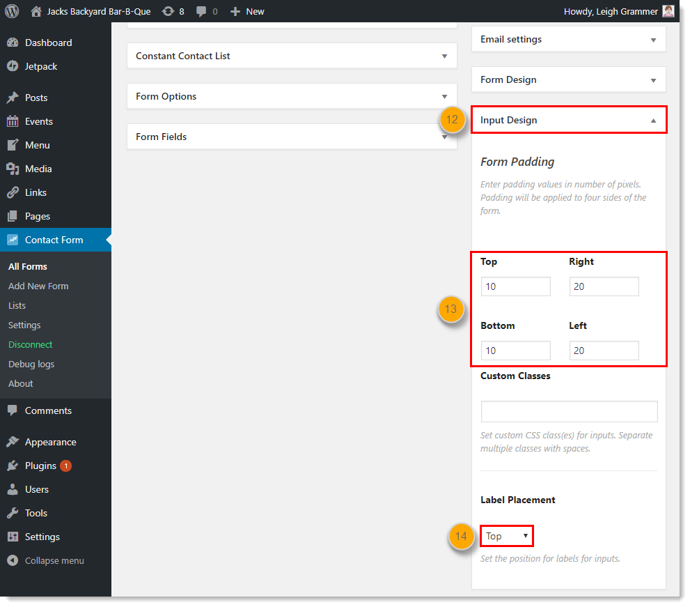 Menü Input-Design, Option Textabstände und Dropdown-Menü Position der Markierung