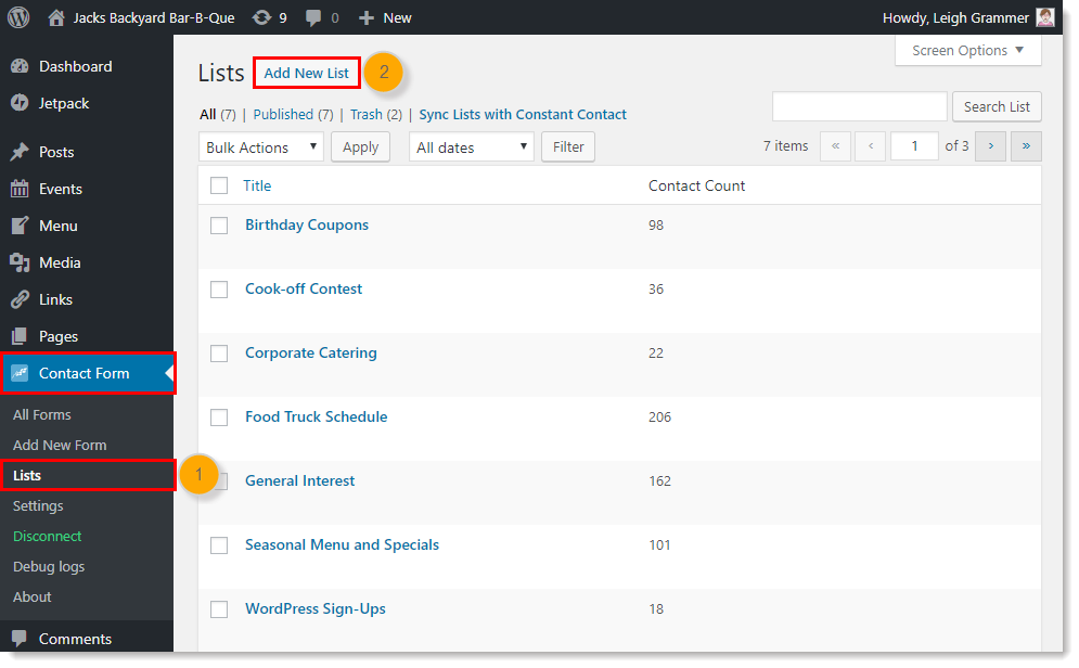 Contact Form Menu, Lists Options, and Add New List Button