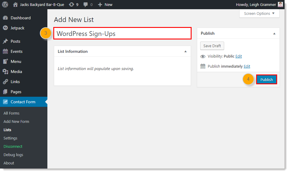 List Name Field and Publish Button