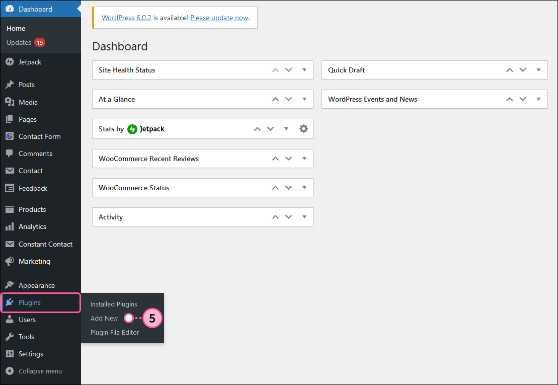 Plugins dropdown and Add New option