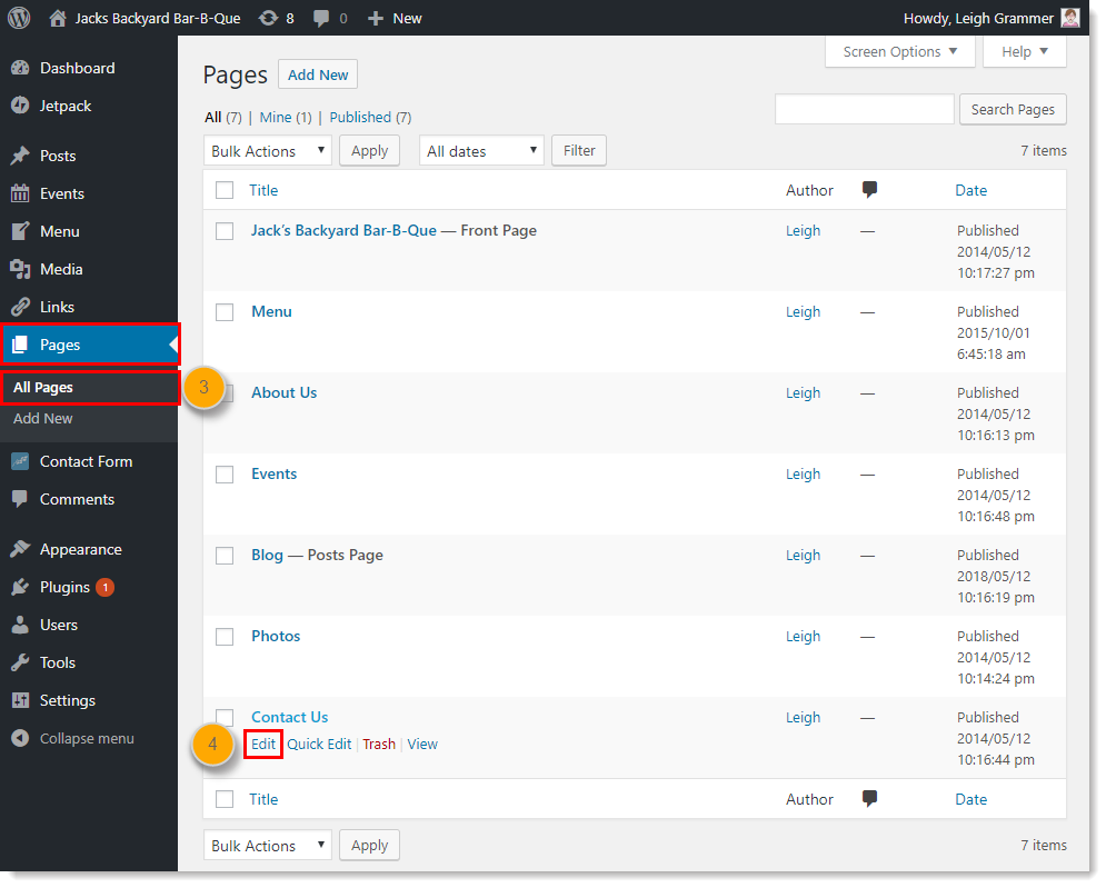 Menu Pages, option All Pages (Toutes les pages) et option Edit (Modifier)