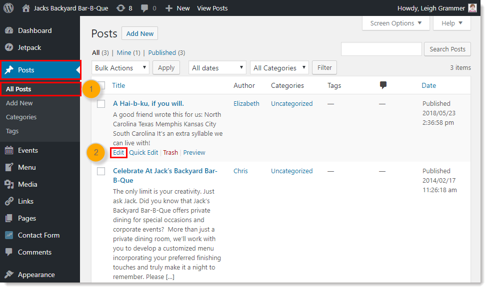Onglet des publications, option All Posts (Toutes les publications) et lien Edit (Modifier)