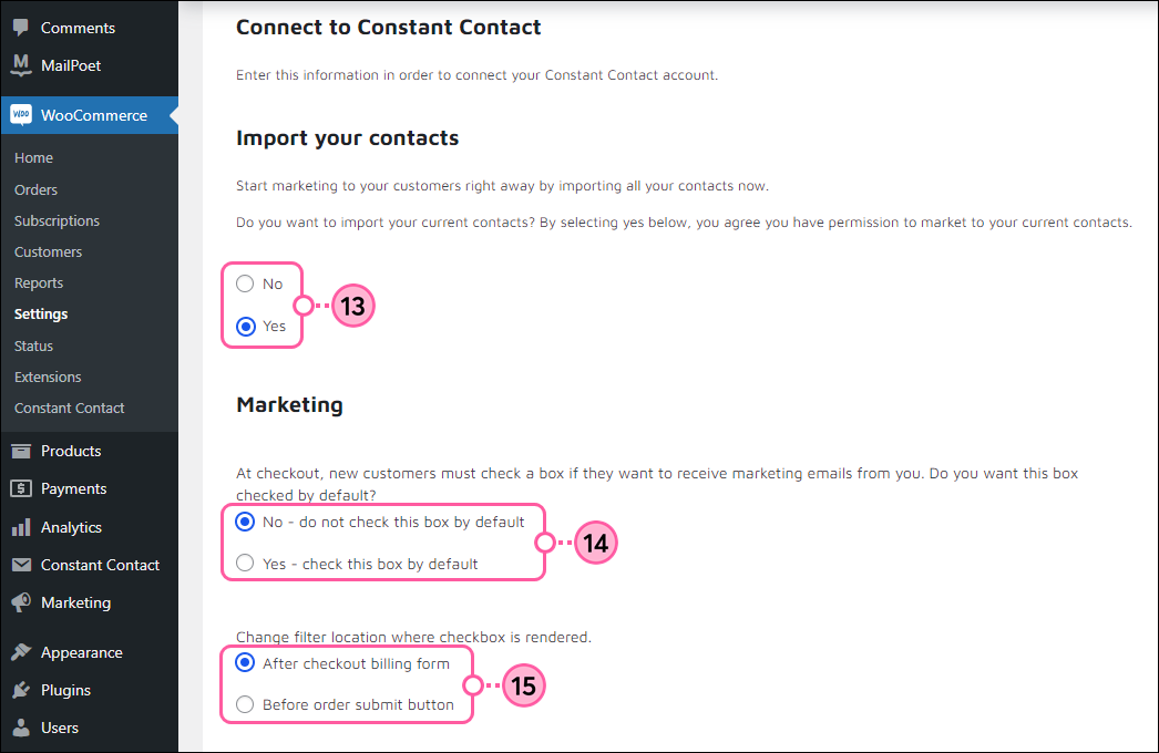 Import your contacts and Marketing options