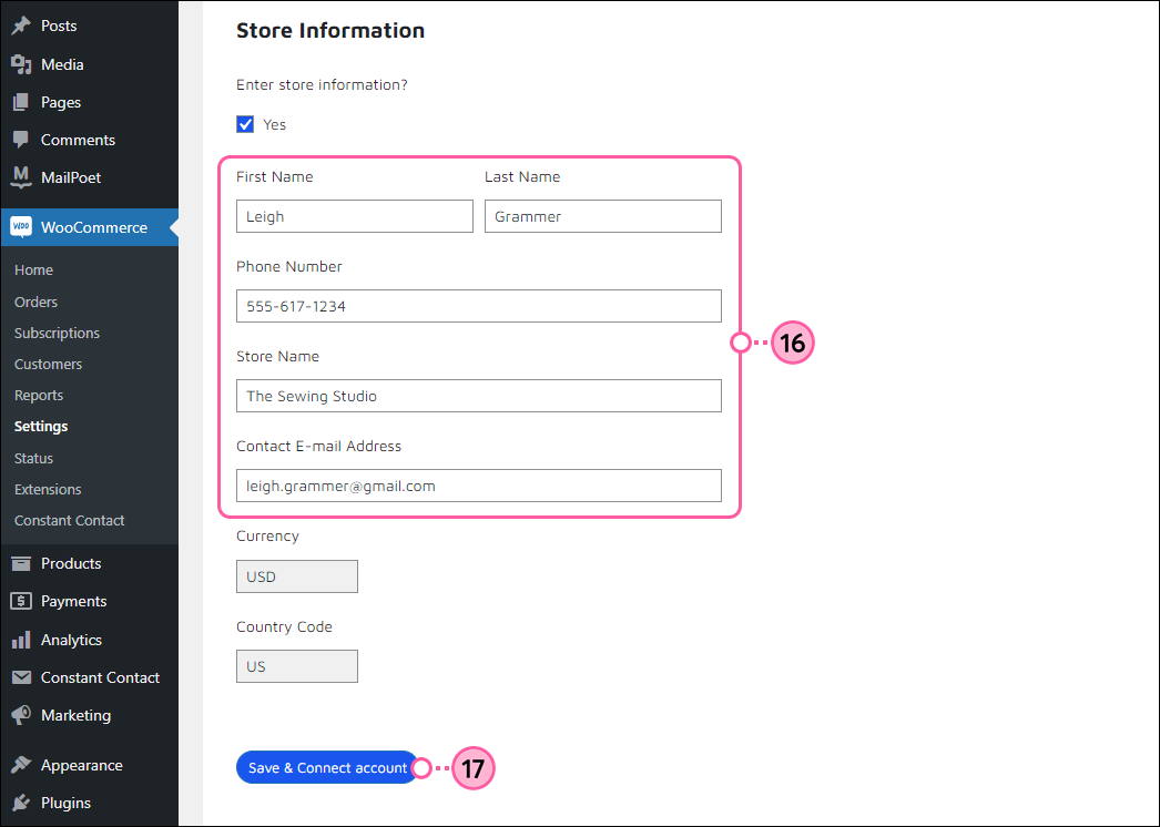 Store Information and Save and Connect Account button