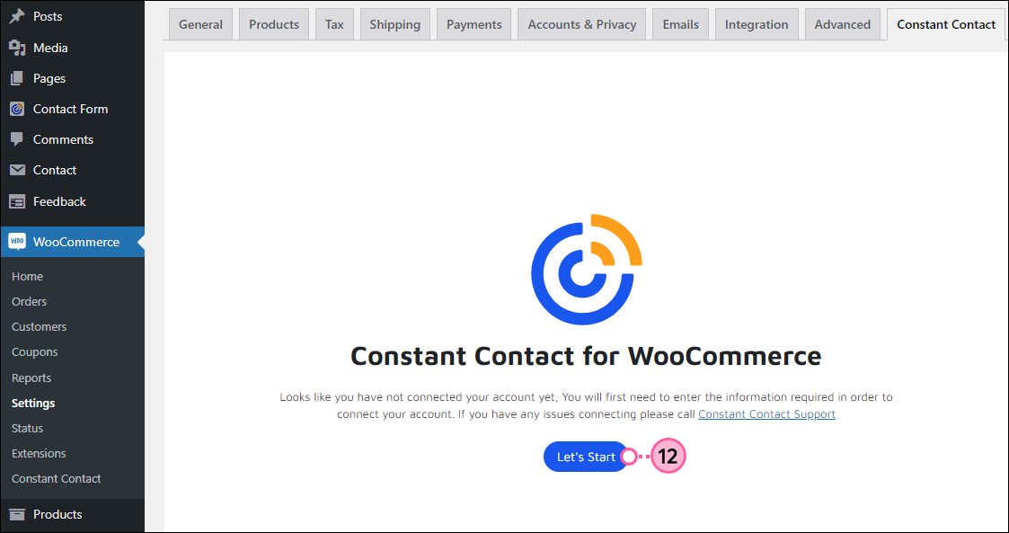 Constant Contact for WooCommerce connection and Let's Start button
