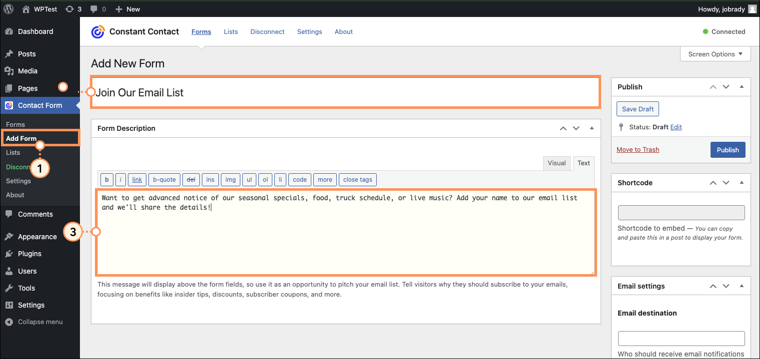 Contact Form Tab, Add New Form Option, Title Field, and Form Description Field
