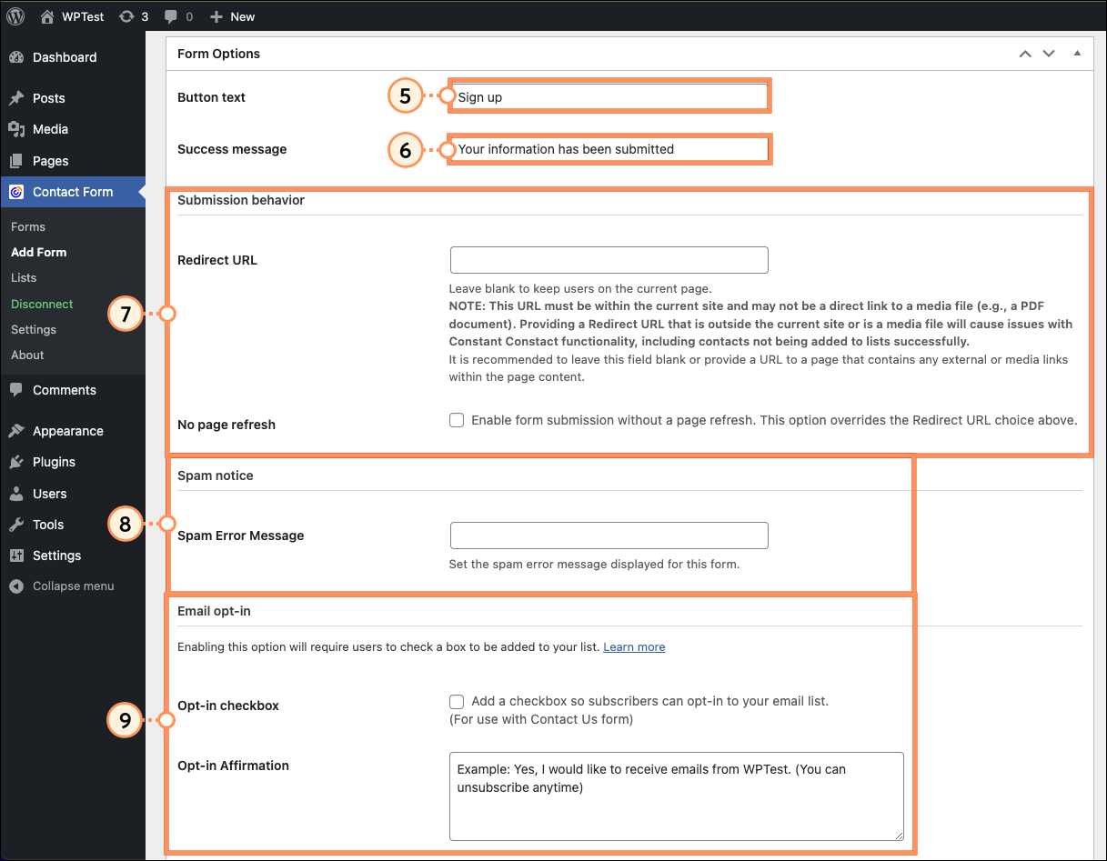 Button text Field, Success message Field, Submission behavior Options, and Email opt-in Options