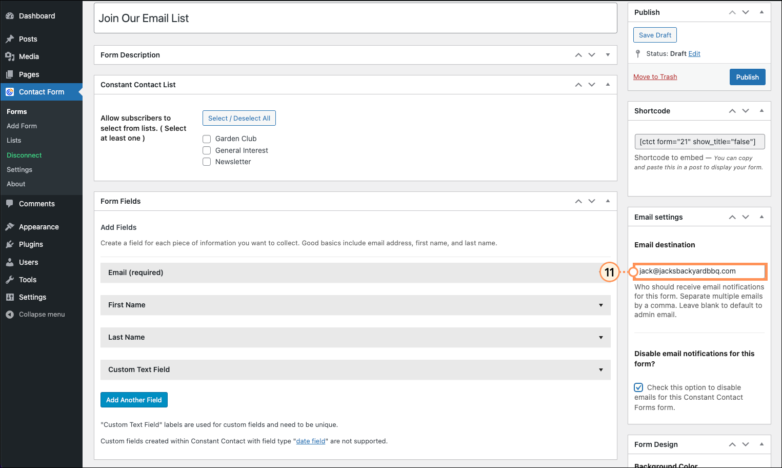 Email destination Field