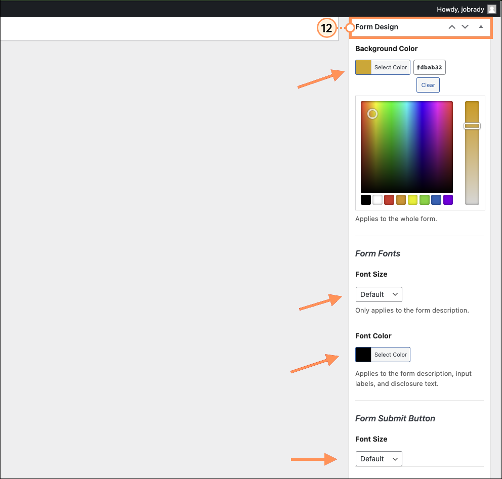 Form Design Menu, Background Color, Description, and Submit Button Options