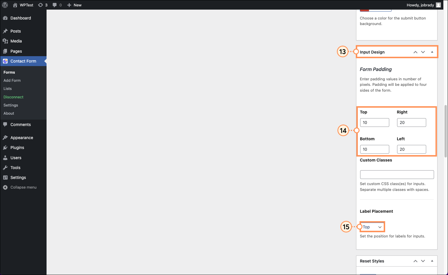 Input Design Menu, Padding Options, and Label Placement Drop-down Menu