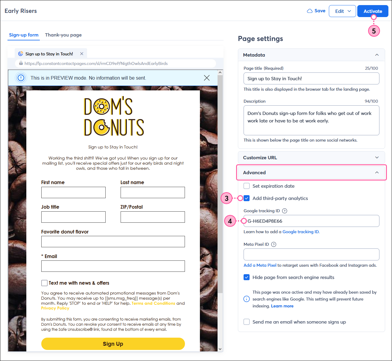 Sign-up Landing Page Page Settings with Advanced section expanded and Add third-party analytics option selected, and Google tracking ID field