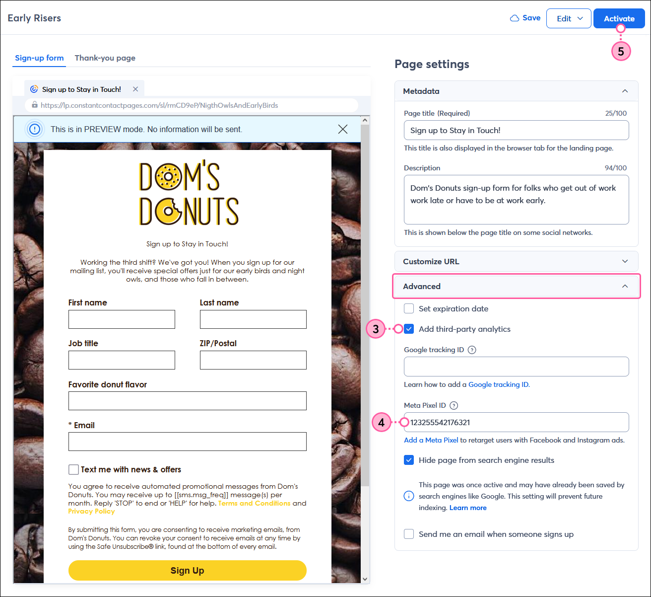 Sign-up Landing Page Page Settings with Advanced section expanded and Add third-party analytics option selected, and Meta Pixel ID field