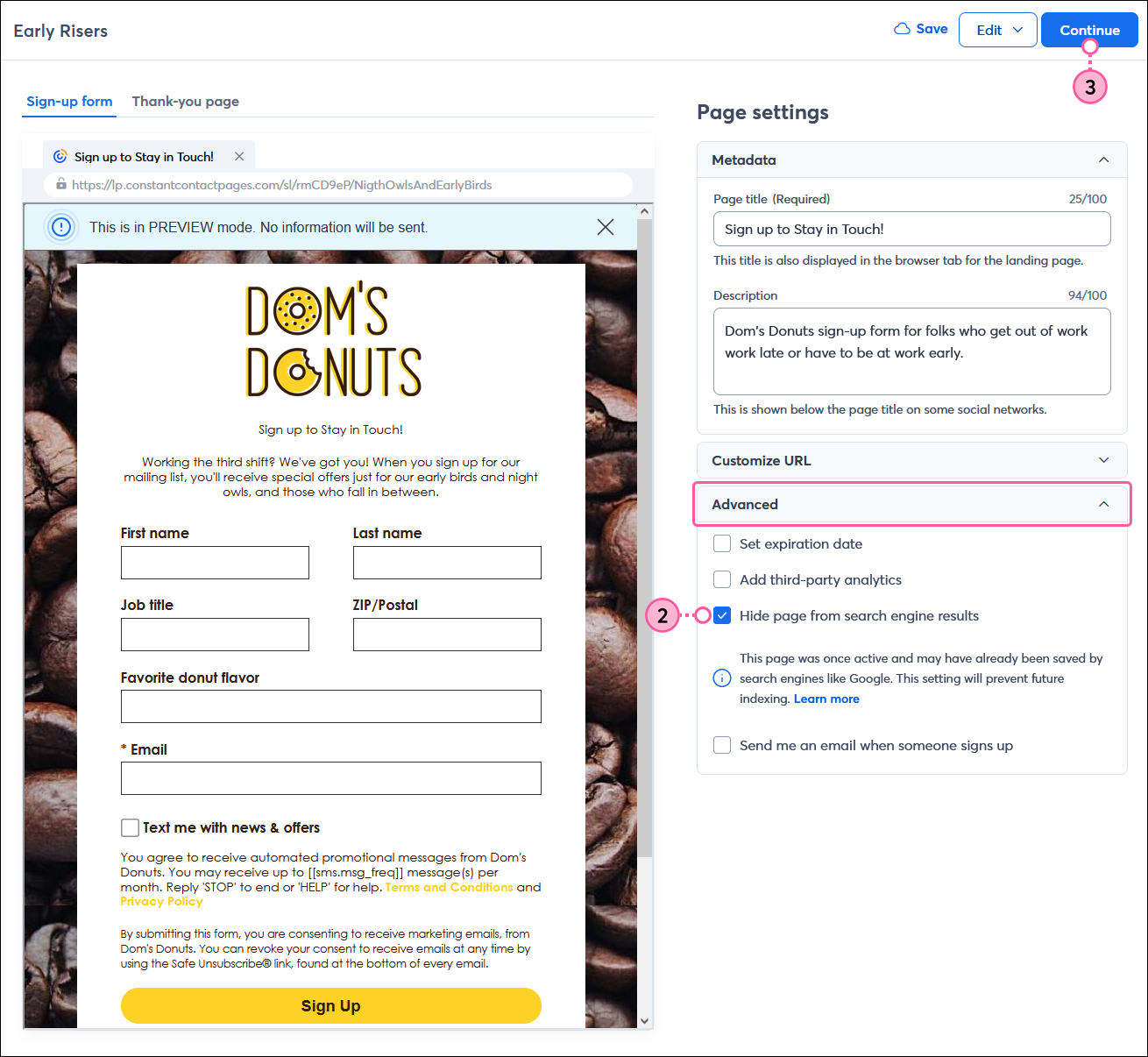 Sign-up Landing Page Page settings with Advanced section expanded and Hide page from search engine results option selected