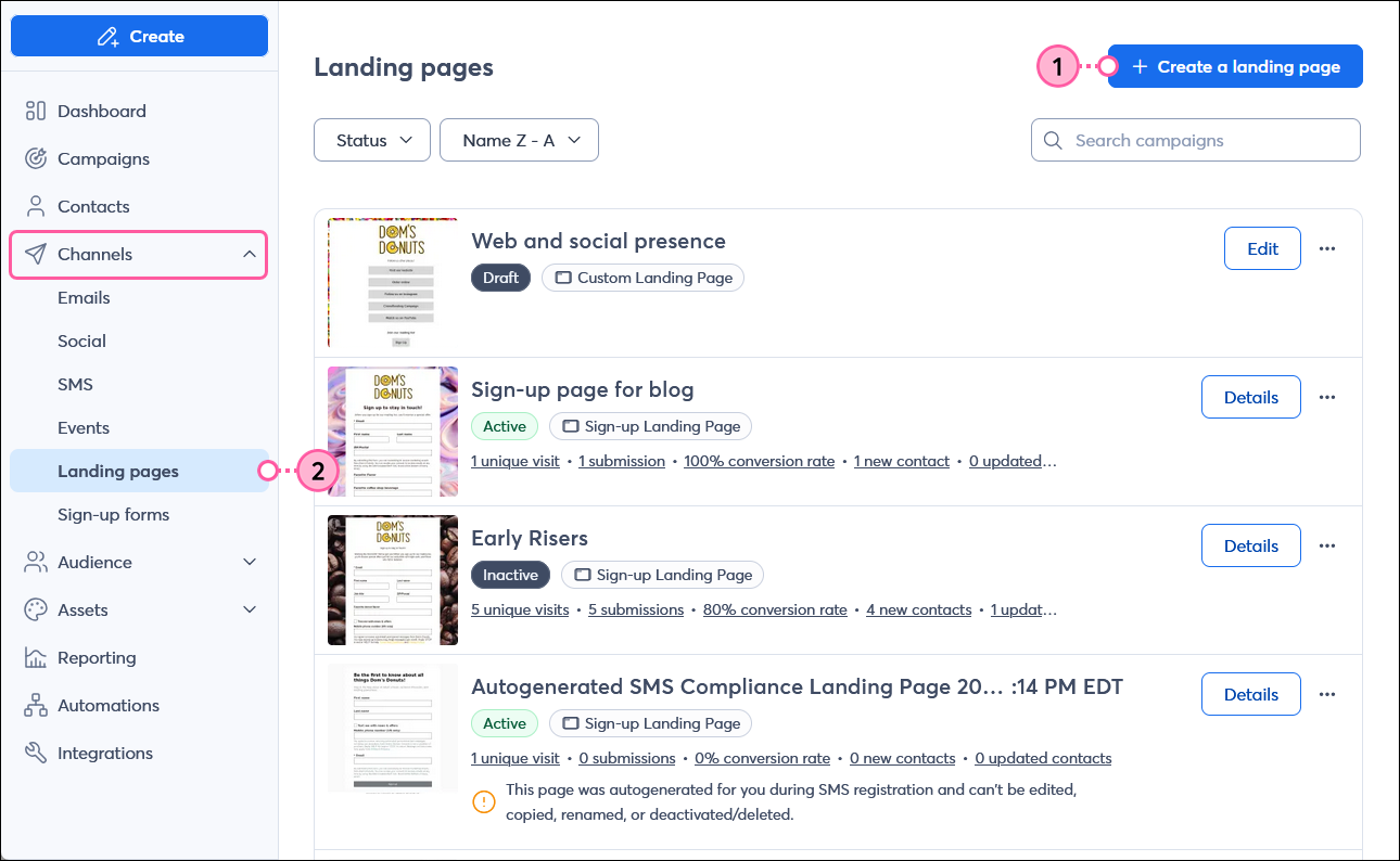 Landing pages page with Audience Growth drop-down menu expanded and Landing pages option selected, and + Create a landing page button Channels menu expanded with Landing pages option selected, and Landing pages page with + Create a landing page button