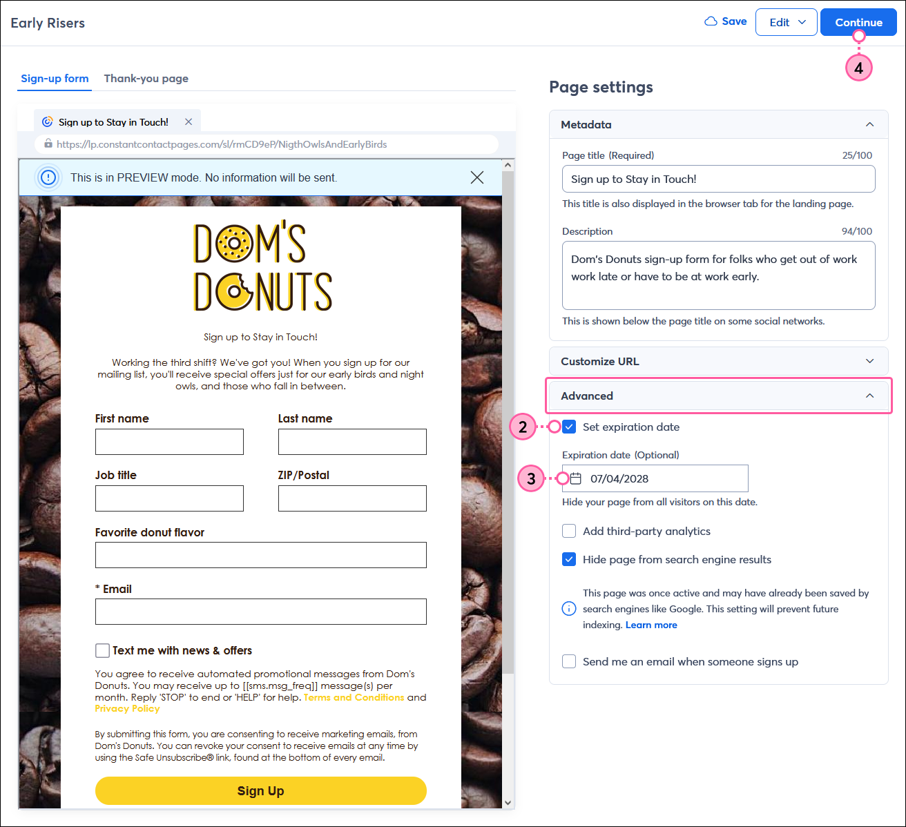 Sign-up Landing Page page settings with Advanced section expanded and Set expiration date option selected, Expiration date field, and Continue button