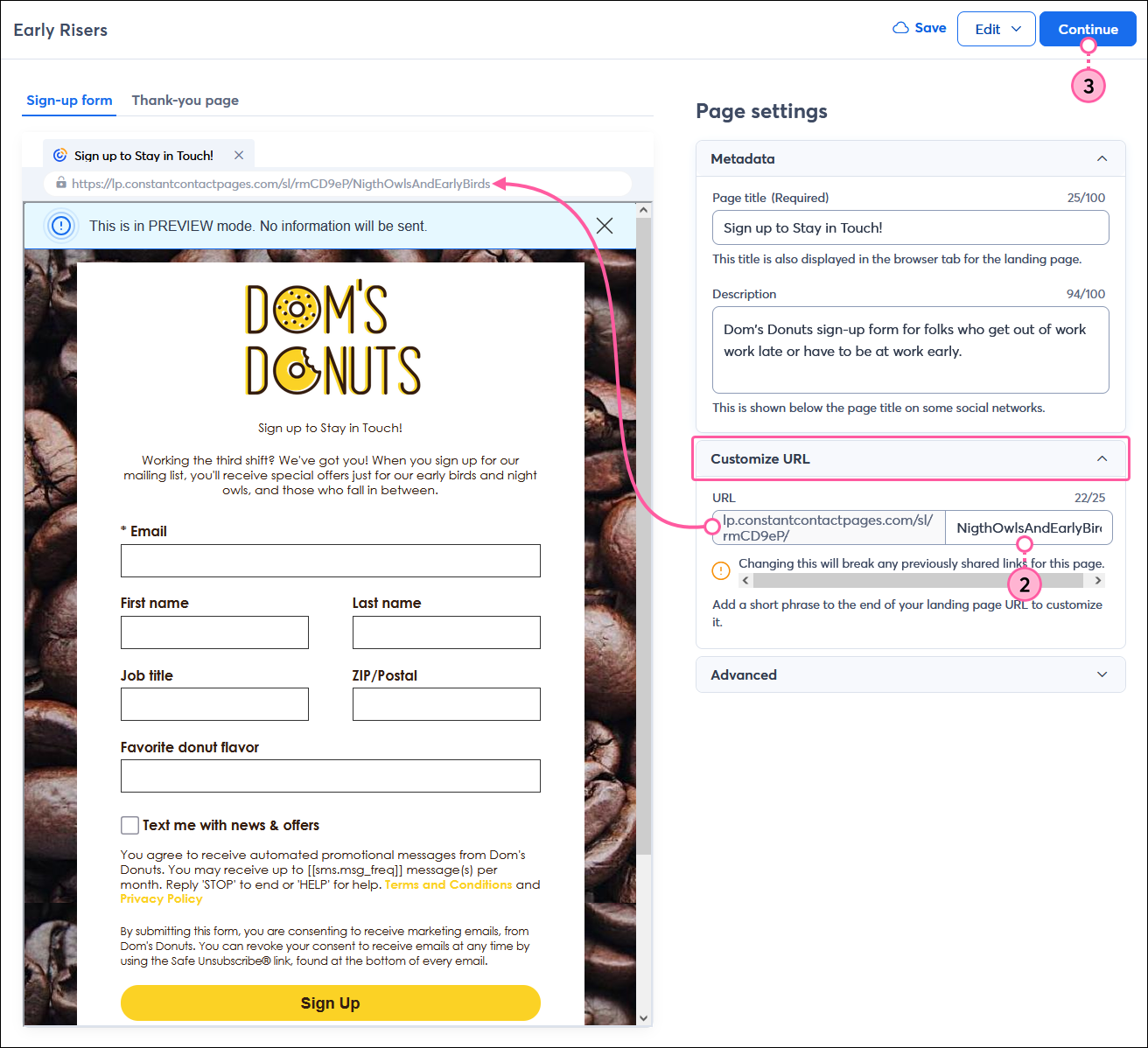 Sign-up Landing Page Page settings with Customize URl section expanded and URL field with custom portion and customized URL visible over landing page preview